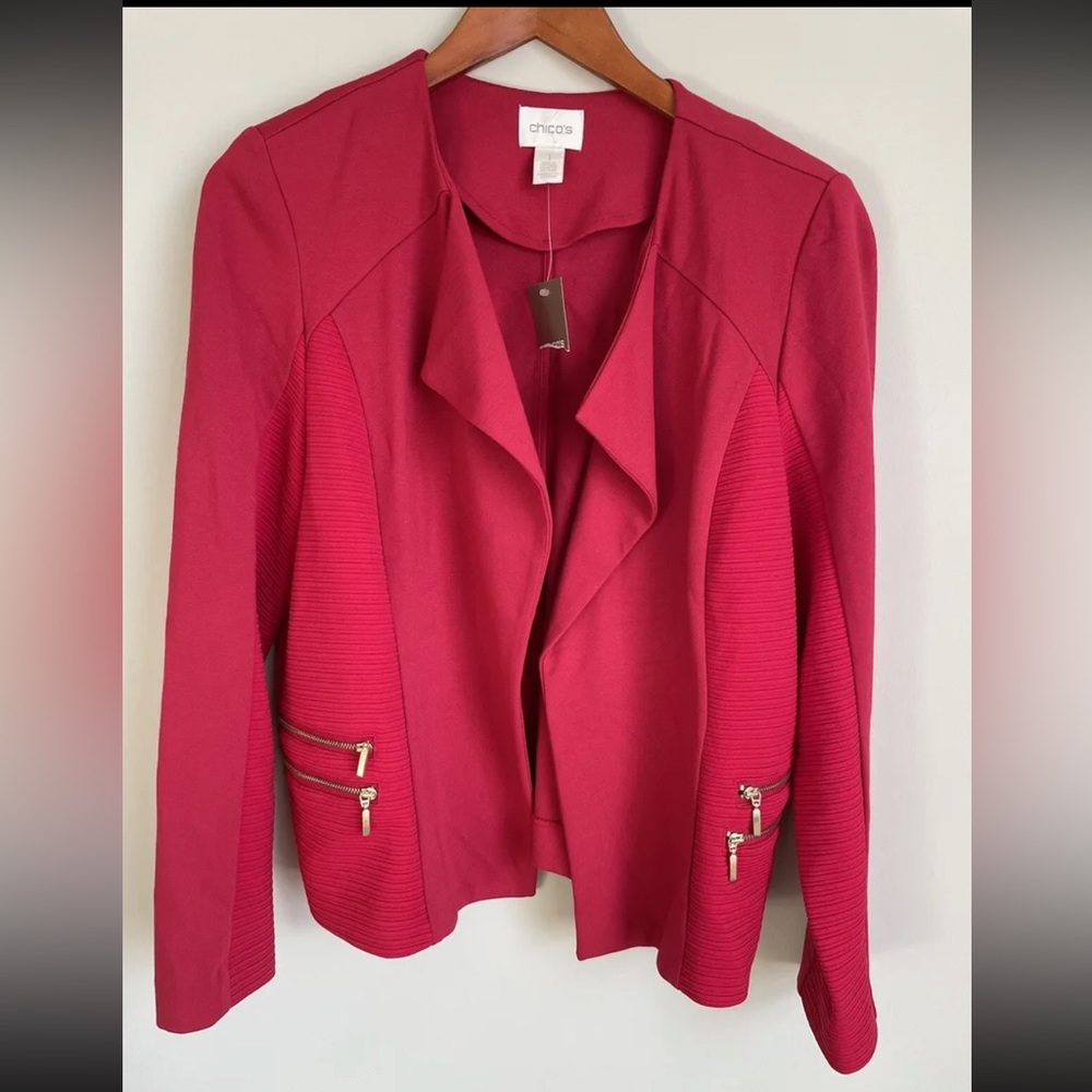 Chico’s NWT Jacket Moto Renaissance Red Gold Zippers Women’s Sz 1 US S 8/10 $129